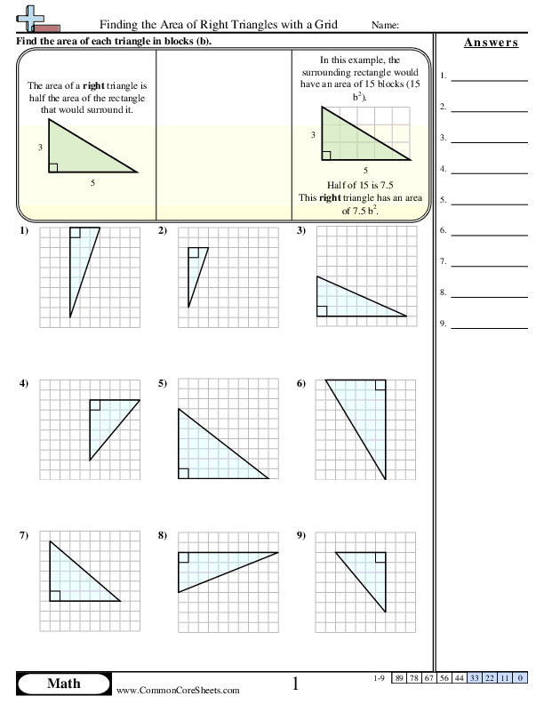 Finding the Area of Right Triangles with a Grid worksheet